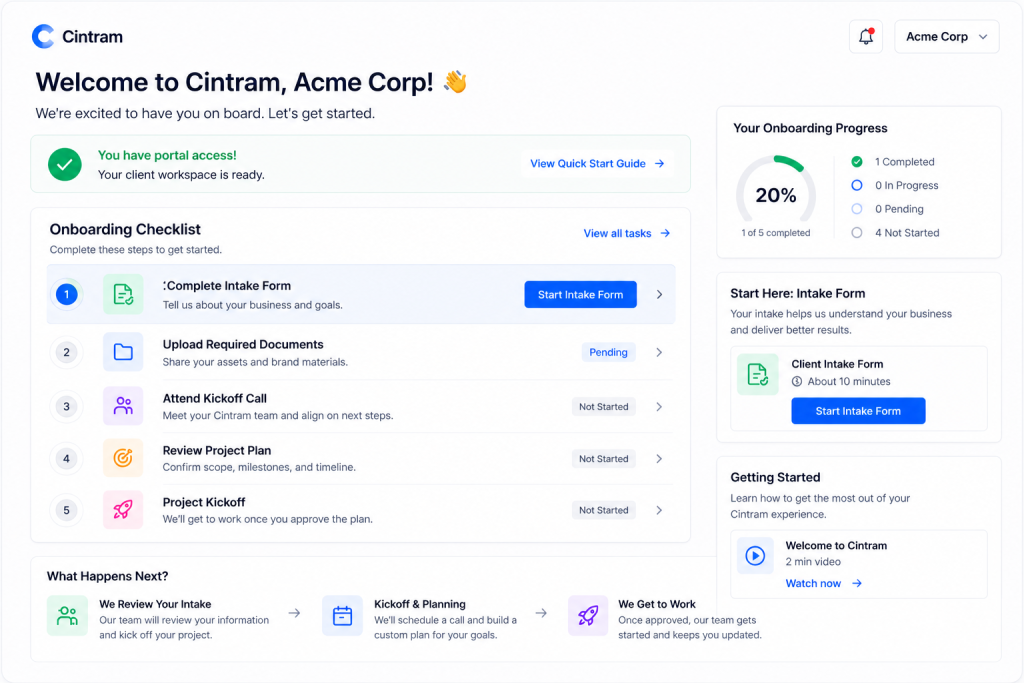 Branded client onboarding portal with a checklist, intake form, and progress tracker