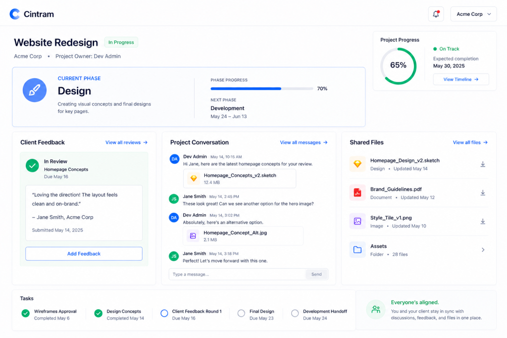 Project delivery view with phase progress, client feedback, shared files, and conversation
