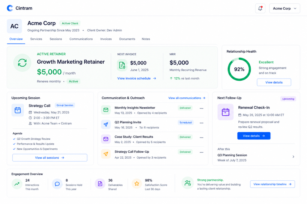 Ongoing client relationship view with active retainer, upcoming session, and engagement overview