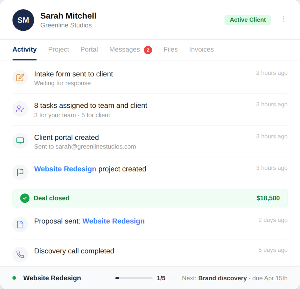 Client activity feed showing deal, portal, and project updates for a single account