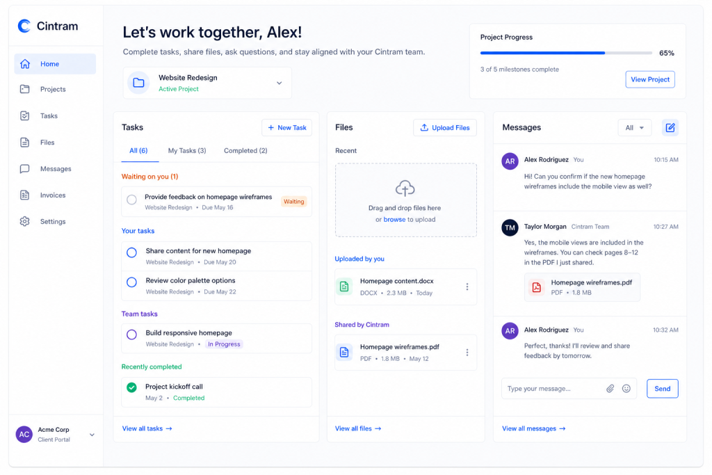 Client-facing collaboration view with tasks, files, and messages with the service team