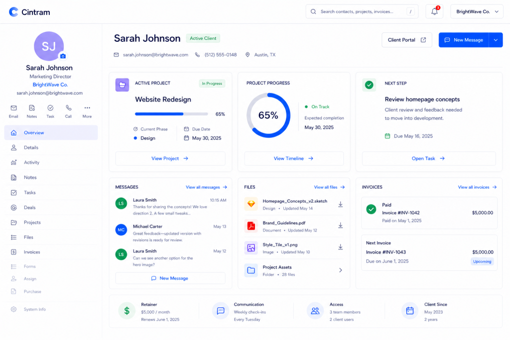 Team-facing client record showing project status, invoices, and messages