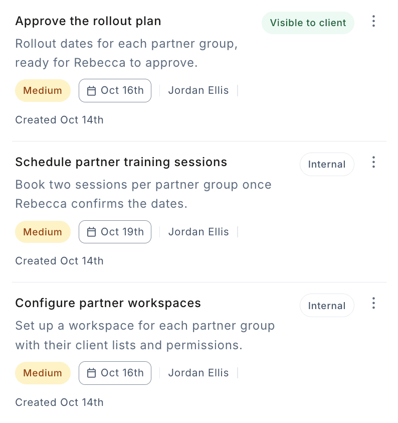 The Meridian partner onboarding project's tasks in Cintram, each marked Visible to client or Internal