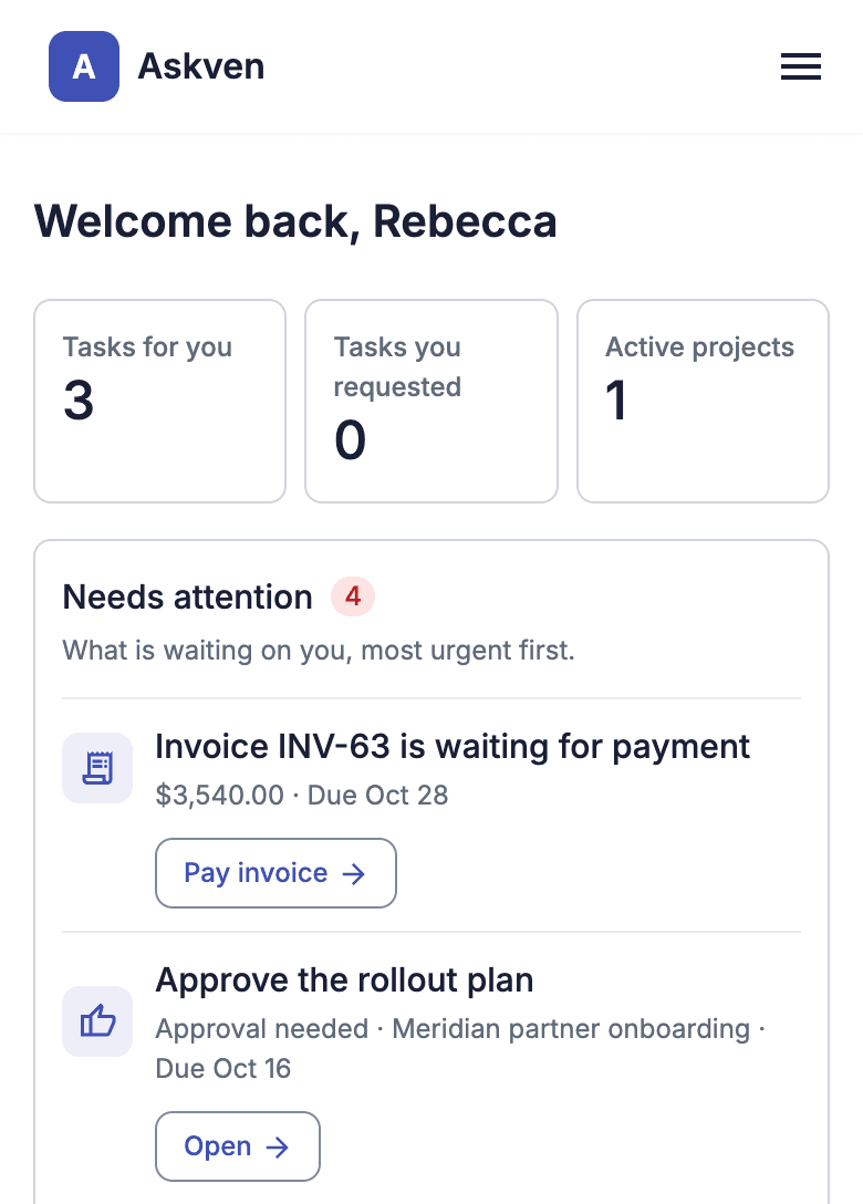 Rebecca's portal, in the business's own name: the tasks waiting on her, an invoice to pay, and an approval due