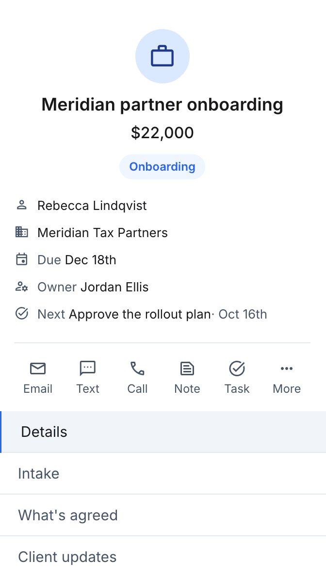 A client project in Cintram: the client, value, owner and next step, and the parts of the engagement it holds, from intake onward