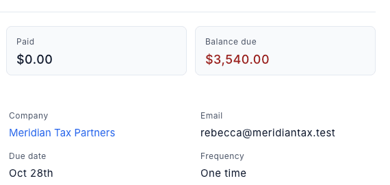 An invoice in Cintram showing the paid amount and balance due for Meridian Tax Partners