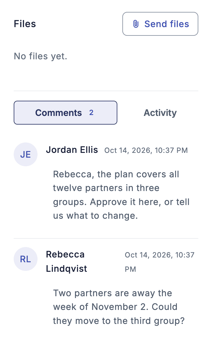 An approval task in the client's portal: a place to send files, and a comment from the team with the client's reply