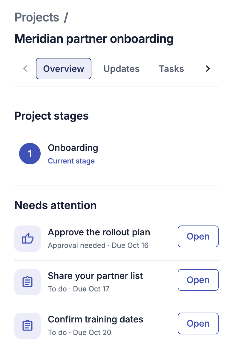 The project in the client's portal: its current stage and the things waiting on the client, each with a due date