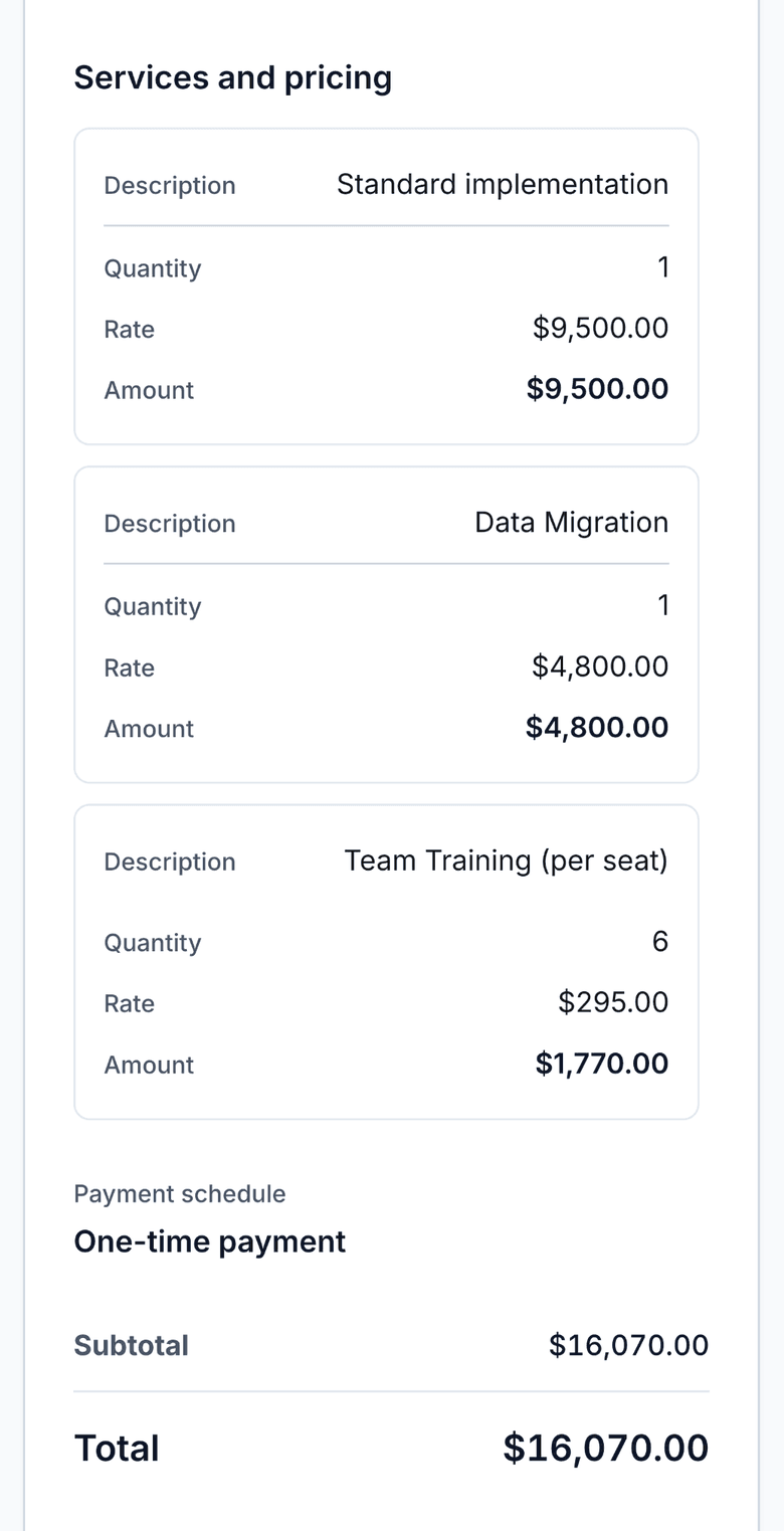 A quote as the client reads it, with each service, its price, and the total